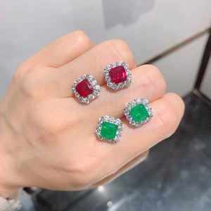 Knriiquen Sterling Zilver 925 Natuursteen Emerald Ruby Turquoise Oorbellen voor Dames Lab Diamond Stud Ear Fine Jewelry Whole