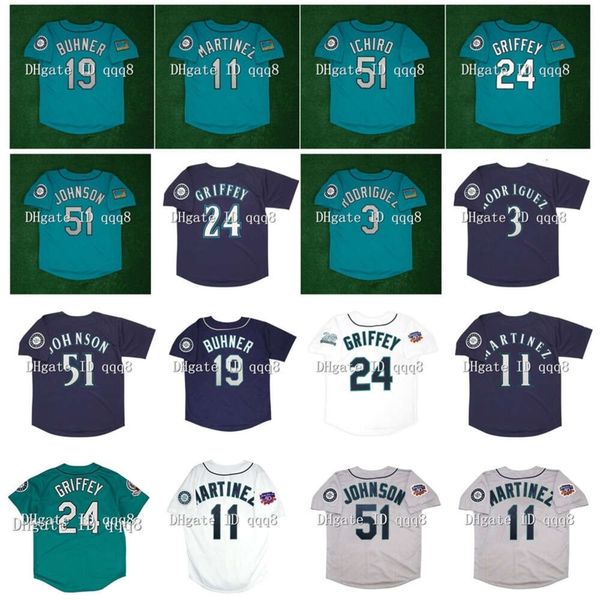 KOB 1994 1997 Retro 24 Ken Griffey Jr. Jersey 3 Alex Rodriguez 19 Jay Buhner 51 Ichiro Suzuki 11 Edgar Martinez au vert cousu bleu gris bleu gris