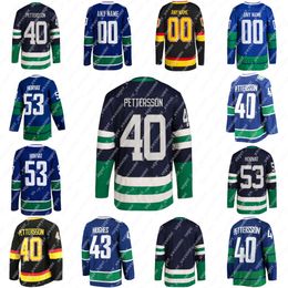 KOB 43 Quinn Hughes Jersey 40 Elias Pettersson 53 Bo Horvat 6 Brock Boeser 10 Pavel Bure Jerseys de hockey azul azul cosida