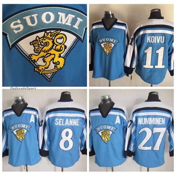 KOB Mens Vintage 11 Saku Koivu 1998 Team Finland Hockey Jerseys 27 Tepo Numminen 8 Teemu Selanne Light Blue Jersey M-XXXXL