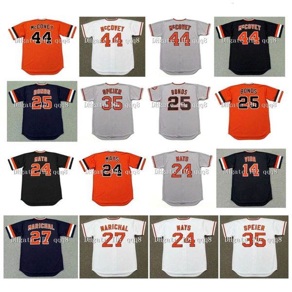 Kob Retro 44 Willie McCovey 25 Barry Bonds 24 Willie Mays 14 Vida Blue 35 Chris Speier 27 Juan Marichal Gris White Orange Black Vintage Baseball