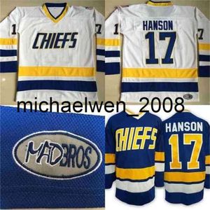 Kob Weng #17 Steve Hanson Charlestown Jersey, heren Hanson Brother Slap schoot 100% gestikte borduurfilm Hockey Jerseys Blue White