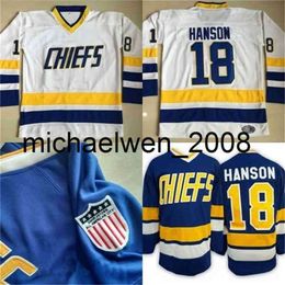 Kob Weng #18 Jeff Hanson Charlestown Jersey Mens Hanson Brother Slap schoot 100% gestikte borduurfilm Hockey Jerseys Blue White