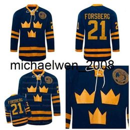 Kob Weng #21 Peter Forsberg Jersey Team Sweden Ice Hockey Jerseys bordado 100% Azul Azul personalizado Su nombre Número de nombre