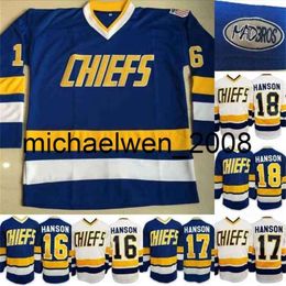 Kob Weng Charlestown Jersey Mens Hanson Brother Slap Shot 16 17 18 Hanson Movie Hockey Jersey goedkope snelle verzending Blue White S-3XL