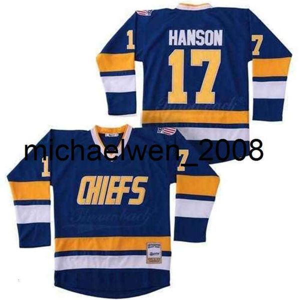 Kob Weng Hanson # 17 16 Jersey Home 18 Jeff Hanson Blue White Slapshot Brothers Charlestown Chiefs - Jersey personnalisé n'importe quel nom numéro cousu sur (S-4XL)