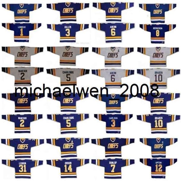 Kob Weng Hanson Brothers Charlestown Jerseys 1 Denis Lemiux 2 Wanchuk 3 Killer 5 Charlebois 6 Ahern 7 Dunlop 8 Bergeron 10 Braden 14 Drouin