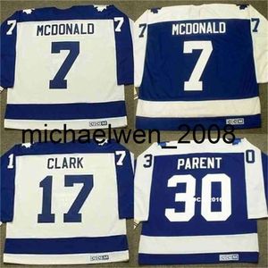 Kob Weng Vintage Hockey Jersey 7 Lanny McDonald 17 Wendel Clark 30 Bernie Parent Hockey Jerseys Blue Blanc