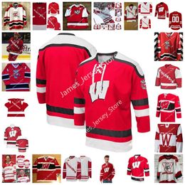 KOB Wisconsin Badgers Cousue de hockey maillot 16 Tarek Baker 17 Jake Martin 18 Owen Lindmark 19 Brock Caufield 20 Josh Ess 21 Carson Bantle