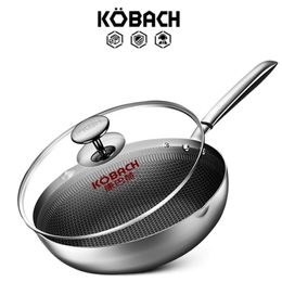 KOBACH poêle 30cm cuisine antiadhésive wok inox fond nid d'abeille avec couvercle en verre 220423