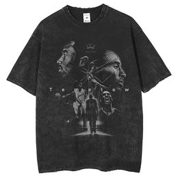 T-shirt met Kobe-print, gewassen en gedragen, korte mouwen, halve mouwen, trendy model met kleine halslijn, heren- en damesstijl