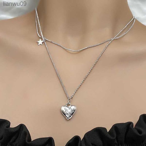 KOFSAC Mode Fille Épissage Collier Bijoux En Argent 925 Deux Chaîne Clavicule Chaîne Romantique Amour Coeur Étoile Zircon Colliers Cadeau L230704