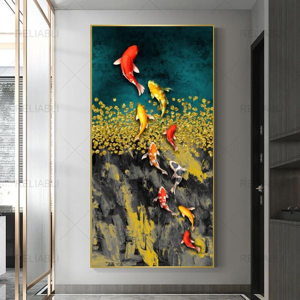 Koi Fish Feng Shui Carp Gold Fish Pictures Pintura al óleo sobre lienzo Posters e impresiones Cuadros Wall Art Pictures para sala de estar