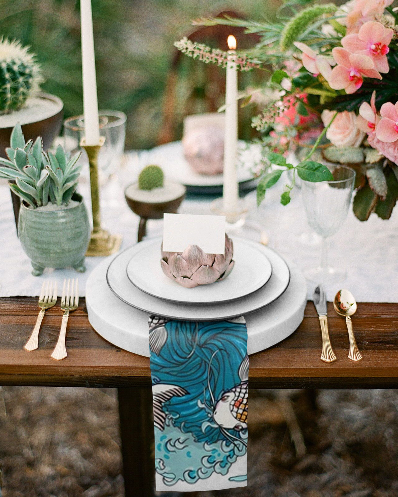 Koi On Water Waves Table Napkins Cloth Set Handkerchief Wedding Party Placemat Birthday Banquet Tea Napkins