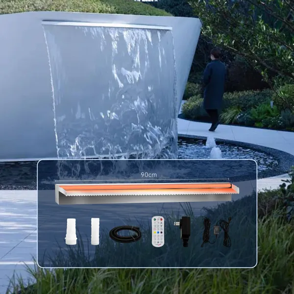 Koi Pond Aliviadero Cascada Fuente de piscina de acero inoxidable Control de aplicación Luz LED colorida Kit de aliviaderos Hoja de agua Fuentes al aire libre para jardín 90x20x10cm