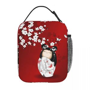 Kokeshi poupée rouge noir blanc fleurs de cerisier sac à déjeuner isolé fille japonaise Art boîte à nourriture refroidisseur boîte à déjeuner thermique école 240320