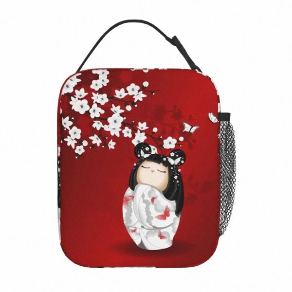 Kokeshi Doll Rouge Noir Blanc Fleurs de cerisier Sac à lunch isolé Fille japonaise Art Boîte à nourriture Refroidisseur Boîte à lunch thermique École Q8zK #