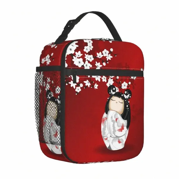 Kokeshi Doll Rouge Noir Blanc Fleurs de cerisier Sac à lunch isolé Fille japonaise Art Boîte à nourriture Refroidisseur Boîte à lunch thermique École I99a #