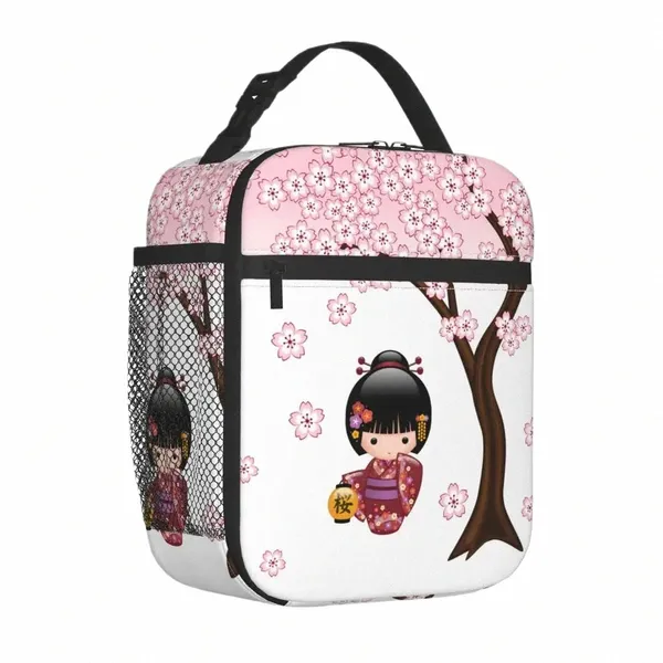 Kokeshi Doll Rouge Noir Blanc Fleurs de cerisier Sac à lunch isolé Fille japonaise Art Boîte à nourriture Refroidisseur Boîte à lunch thermique École N8HH #