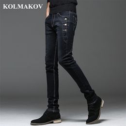 Kolmakov heren denim jeans rechte volledige lengte broek met hoge elasticiteit slank voor man mode mid-taille 211111