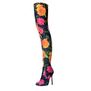 Kolnoo nouveau Style de campagne fabriqués à la main à talons hauts genou bottes fleur en cuir bout pointu mode fête bal longs chaussons chaussures A068