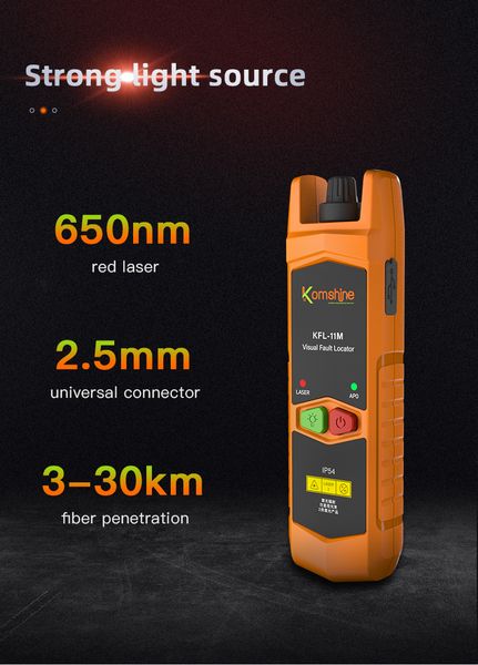 KomShine KFL-11 VLF Láser 30MW/10MW/20MW Localizador de fallas visuales, probador de cable de fibra óptica 1-30 km SC/ST/FC FTTH recargable