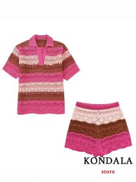 Kondala chic gebreide gestreepte roze zoete dames passen y2k korte mouw polo t-shirts streetwear mini casual shorts soft vakanties set 240423