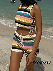 Kondala chic sexy zoete regenboog gestreepte vrouwen gebreide pak mode zomer mouwloze kort vest crop top strand kanten shorts 240507