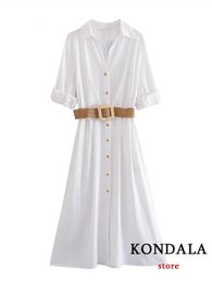 Kondala Chic Solid White Button Belt Belt Divish Women Vestido Fashion Summer Commute Media manga A Línea Vestido 240418