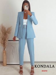 KONDALA bureau dame bleu clair Blazer costumes femmes 2 pièces col en V veste ample taille haute ceintures pantalon mode automne ensembles 240103