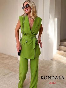 Kondala Office Lady Solid Green Vest Blazer Women V Neck Double Breasted Sashes Lange mouwloze jassen Fashion Coats 240424
