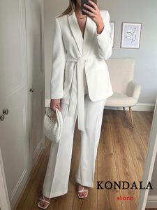 KONDALA Office Lady Blazer blanco traje de manga larga con cuello en V fajas Blazer pantalones de pierna ancha de cintura alta moda 2023 conjuntos 240112