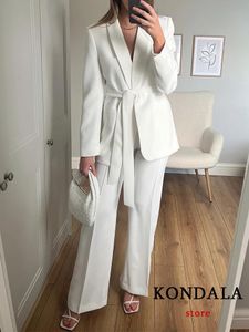KONDALA bureau dame blanc Blazer costumes femmes à manches longues col en V ceintures Blazer taille haute jambe large pantalon ensembles de mode 240328