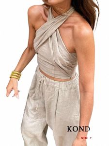 Kondala Streetwear Kaki Lin Costumes Femmes Manches Halter Sexy Crop Tops Femmes + Taille Haute Pantalon à Jambes Larges Fi 2023 Ensembles R8v7 #