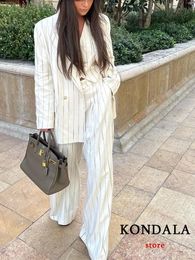 Kondala Vintage Autumn Office Vrouwen Pak Stripe V Neck Double Breasted Pockets Blazer recht losse broek Fashion Sets 240421