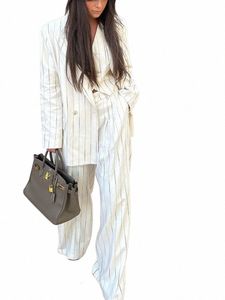 Kondala Vintage Automne Bureau Femmes Costume Stripe Col V Double Boutonnage Poches Blazer Droit Pantalon Lâche Fi 2023 Ensembles E6ci #