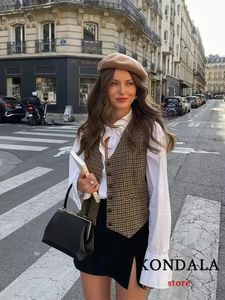 Kondala vintage brun plaid femmes blazer sans manches v boutons de cou vestes Fahison au bureau d'hiver automne dame blazer 240407