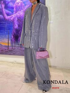 Kondala Vintage Grey à paillettes surdimensionnées Blazer Suit femmes à manches longues V Cou de cou brillant Pantalon de la jambe de mode Set 240326