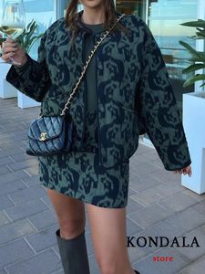 Kondala vintage groene luipaardprint jas pakken vrouwen lange mouw losse jasje scheenhigh taille dikke rokken mode elegante sets 240408