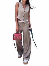 Kondala Vintage Kaki Office Lady Costume Col V Simple Butt Sleevel Gilet Taille Haute Lg Pantalon Droit Fi 2023 Automne h8pa #