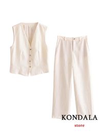 Kondala vintage off white solide chic women costume vneck single poitrine sans manche