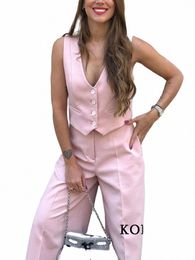 Kondala Vintage solide rose gilet costume femmes col en V fesses manches Blazer + taille haute pantalon large Fi 2024 ensemble d'été 67a7 #