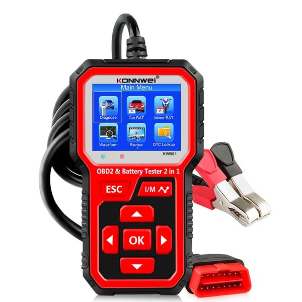 Konnwei 6V 12V Auto Motorcycle Battery Tester Herramientas de diagnóstico automático 2 IN1 2000 CCA OBD2 Escáner EBD completo OBD Dos Función KW681