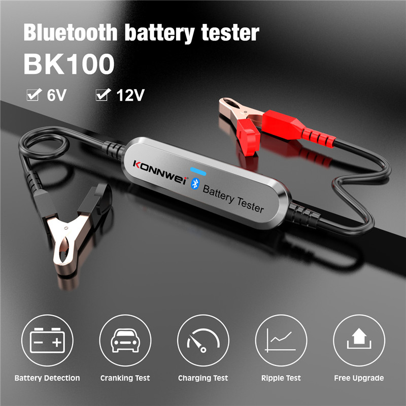 Konnwei BK100 Bluetooth 5.0カーオートバイバッテリーテスターツール6V 12Vバッテリーモニター100〜2000 CCA充電クランキングテストツール