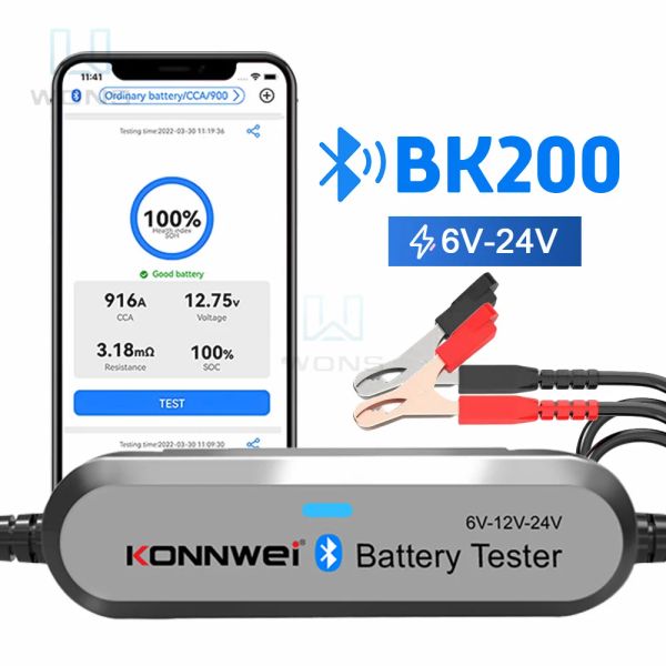 Konnwei Bk200 Control de aplicaciones móviles Tester de batería de automóvil Bluetooth para batería de plomo gel AGM EFB Batería de litio 6V 12V 24V