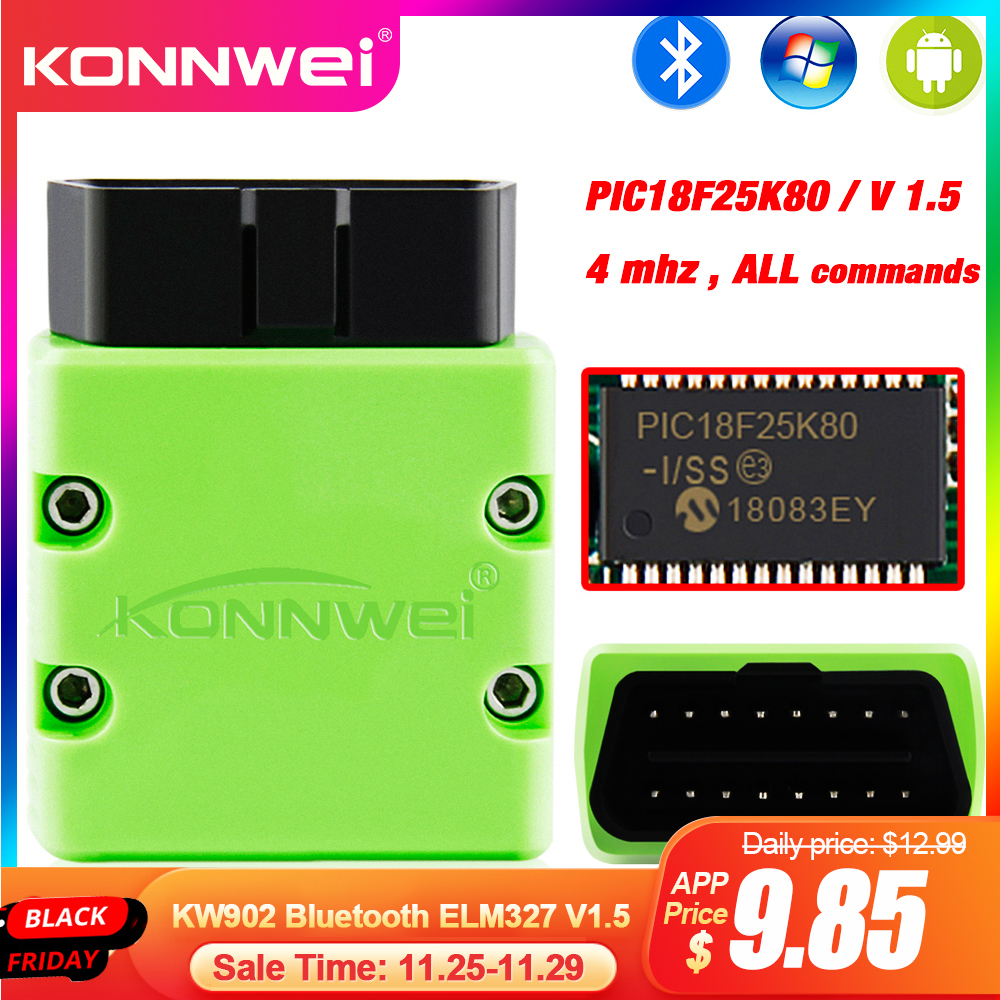 KONNWEI ELM327 V1.5 OBD2 Outils de scanner de diagnostic KW902 Scanners automatiques compatibles Bluetooth MINI ELM 327 OBD 2 KW902 Lecteur de code pour téléphone Android