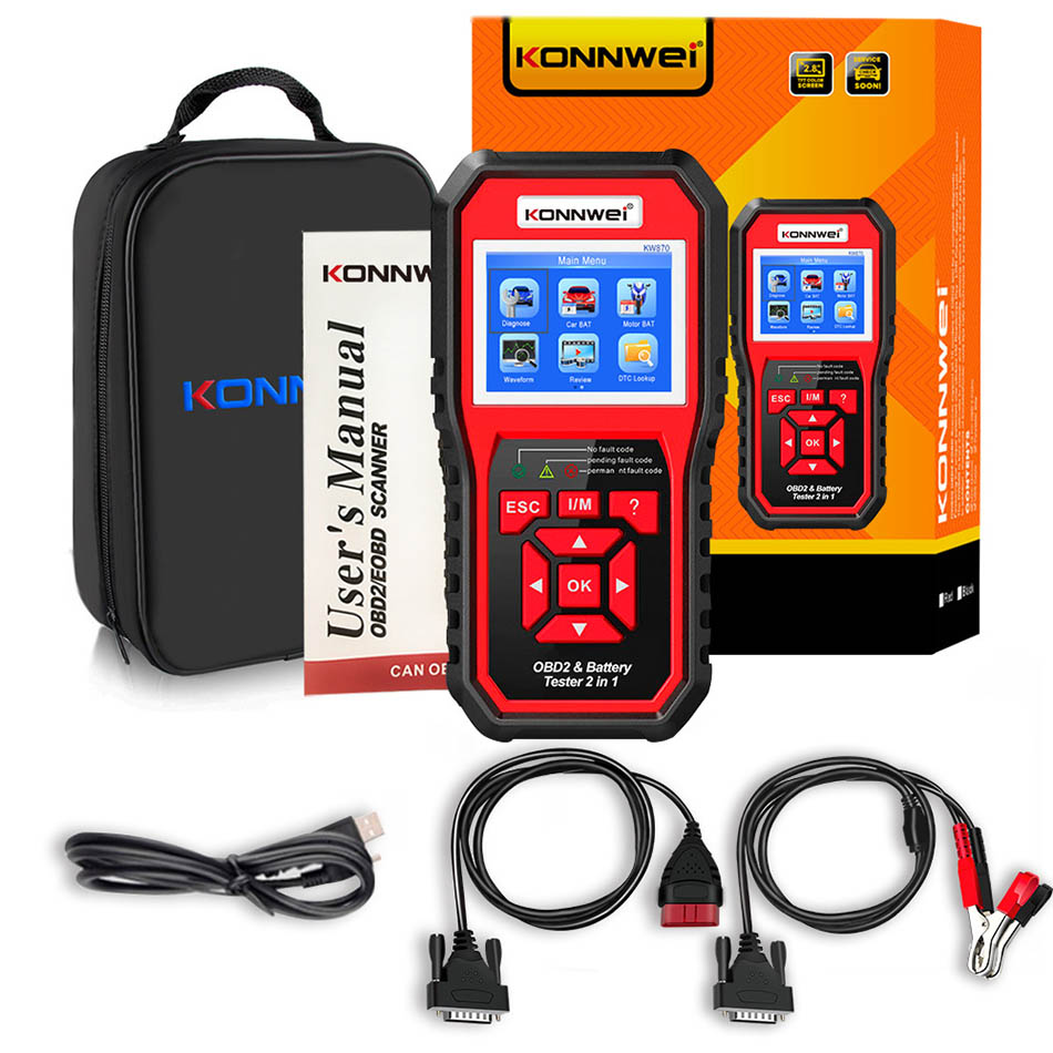 Konnwei kw870 6v 12v carro motocicleta testador de bateria obd2 ferramenta de diagnóstico scanner 2 em 1 ferramentas de teste de carregamento de manivela para o carro