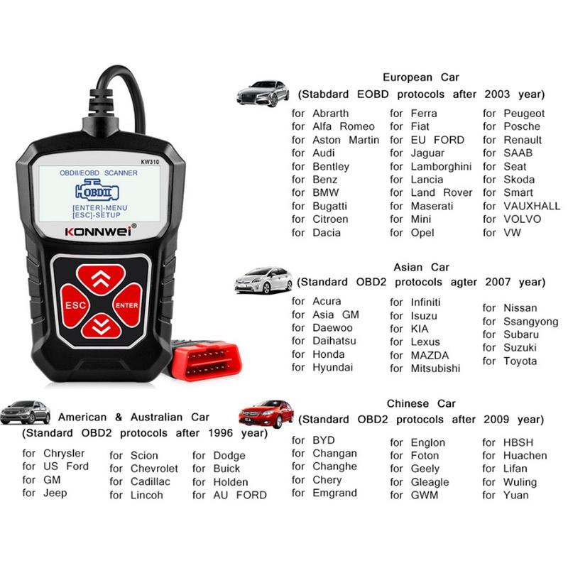 KONNWEI Tools KW310 OBD2 Scanner pour Auto OBD 2 Outil de Diagnostic de Voiture Automobile Russian227U