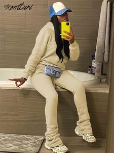 Kontturi Fall Outfits Tracksuit Two 2 Pieds Set pour femmes à manches longues à capuche Black Sweats Casual Pink Solid Flare Pantal