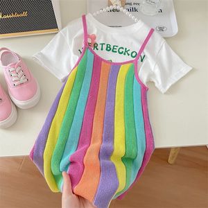 Corea 2024 Summer Kids Ropa para niñas Camiseta de conejo linda Camiseta Rainbow Knited Set Kawaii Skirt Sets 240518